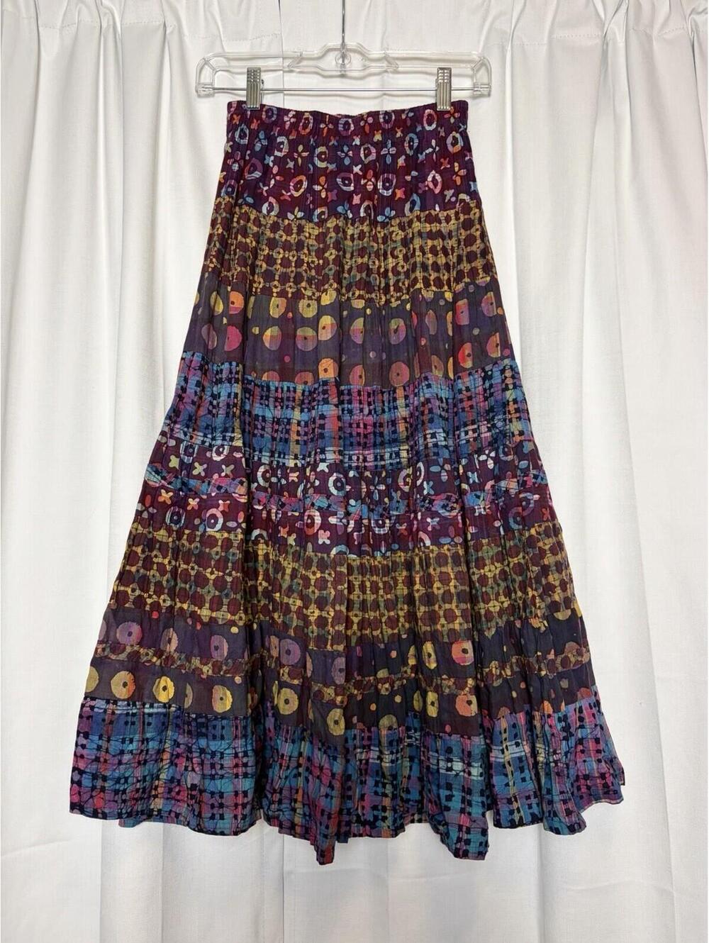 Vintage 90s Carol Little Printed Cotton Tiered Purple Multi Midi Skirt. Size 2